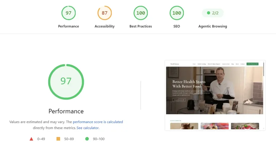 Google PageSpeed Insights results for racheljesson.com